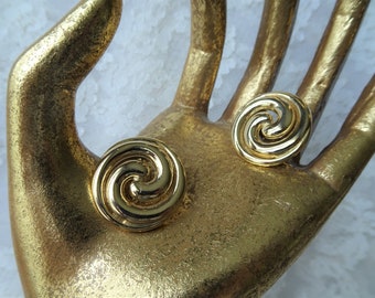 CLASSY 70s Swirl Design Boucles d’oreilles, Clip On Earrings, Gold Tone Metal, Boucles d’oreilles vintage de collection