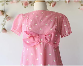 Vintage Pink and White Polka Dot Maxi Dress - Bubble Gum Pink Dress with Oversized Bow - Cute Kawaii Empire Waist Maxi Dress - Size Medium