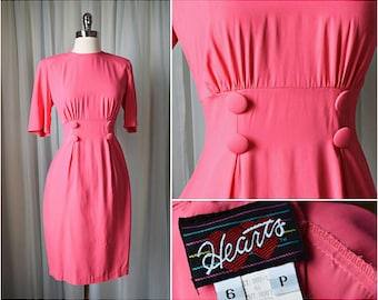 Vintage 80s Hot Pink Heart Dress, Bombshell, Wiggle Dress