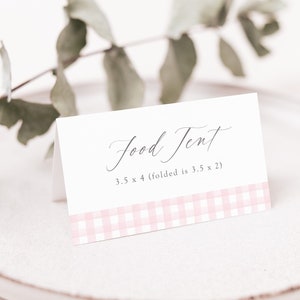 Rosa Vichykaro Aquarell Speisezelt, Tischkarte, Etikett, Brautparty, Babyparty, Geburtstag, Party, bearbeitbar, bedruckbar, Corjl #gingham