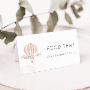 Barraca de comida para cima e para longe, cartão de lugar, chá de bebê, noiva, aniversário, balão de ar quente, gênero neutro, boho, editável para impressão, #upaway