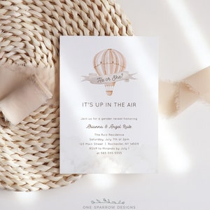 Up In the Air Gender Reveal Invite, Hot Air Ballon, Gender Neutral, He or She, Clouds, Editable, Printable Corjl template #up