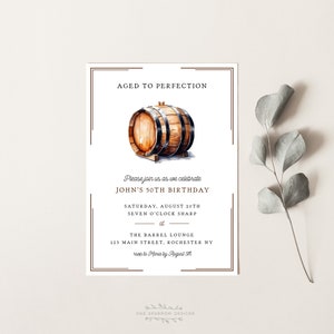 Aged to Perfection Adult Birthday Invitation, Barrel, Whiskey, Bourbon Birthday Party Invite Digital Download Corjl Template #bourbon
