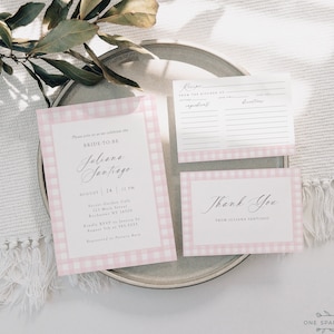 Roze pastel aquarel bruids douche uitnodiging suite, receptenkaart, bedankkaart, bewerkbare afdrukbare Corjl-sjabloon #gingham