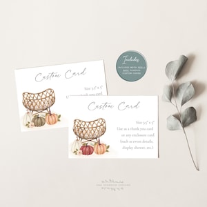 Scheda personalizzata modificabile per culla di zucca autunnale, baby shower, ringraziamento, scheda dettagliata, modello Corjl per download digitale stampabile #bassinet