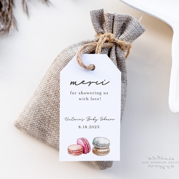 Macaron Merci/Thank You Favor Tag Baby Shower, Editable Printable Digital Download Corjl Template