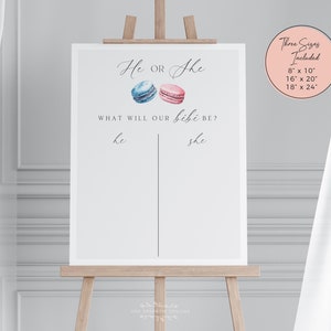 Macaron Bebe Gender Reveal Vote Board, 8x10, 16x20, 18x24, French, Parisian, Blue Pink, He or She, Editable Printable, Customizable #macaron