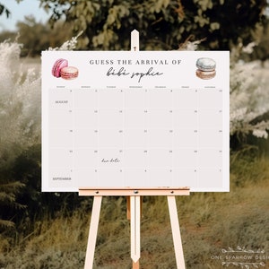 Macaron Bonjour Bebe Fälligkeitsdatumskalender, 8x10, 16x20, 18x24, bearbeitbar druckbar, Pariser, Französisch, Babyparty, Corjl, Vorlage #macaron