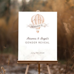 Up in the Air Gender Reveal Welcome Signs, 8x10, 11x14, 16x20, Hot Air Balloon, Neutral, Editable Printable Corjl template #up