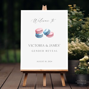 Macaron Bebe Gender Reveal Welcome Sign, 8x10, 11x14, 16x20, French, Parisian, Blue and Pink, He or She, Editable, printable  #macaron