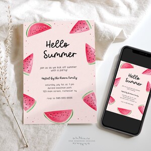Hello Summer Editable Party Invitation Watermelon Printable Template, End of School Year, Summer kick off Party Corjl