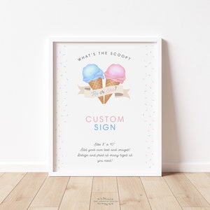 What&#39;s the Scoop Customizable 8x10 Sign Gender Reveal, Two Cones Editable Printable He or She Ice Cream Unlimited Corjl Template #scoop