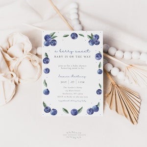 Berry Sweet Baby, Blueberry Baby Shower Editable Invitation, Berry sweet Gender Neutral Printable Digital Corjl Template #blueberry