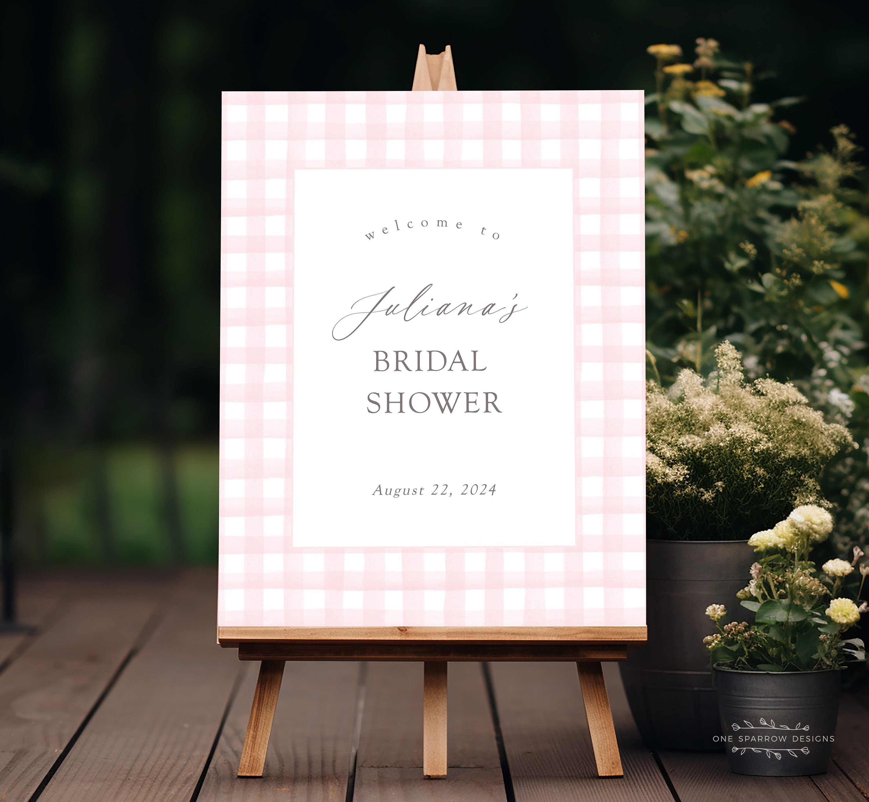 Pink Gingham Watercolor Bridal Shower Welcome Signs 8x10, 11x14, 16x20, Editable Printable, Digital Download, Corjl Template #gingham