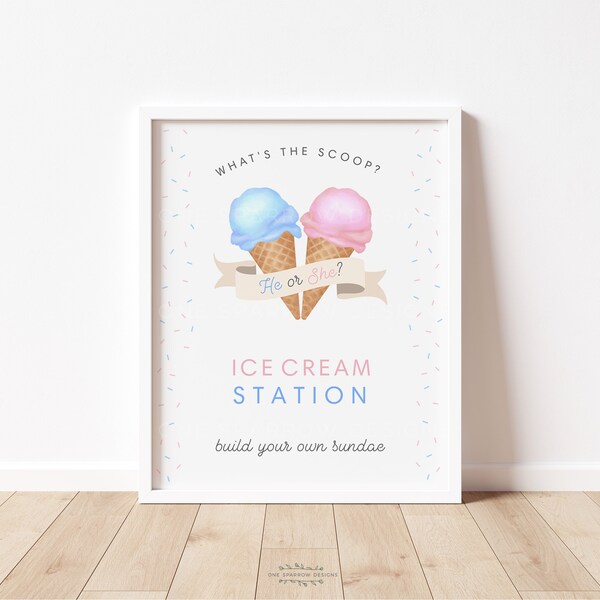 Editable What's the Scoop Ice Cream Station Sundae Bar Sign gender Reveal Baby Shower he or she Template Printable Corjl