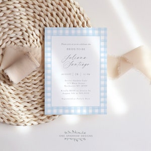 Blue Gingham Watercolor Bridal Shower Invite, Plaid, Editable, Printable, Corjl Template Digital Download  #gingham