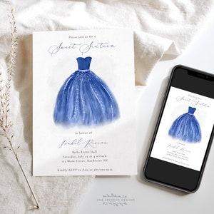 Sweet Sixteen Quinceañera Editable Blue Mermaid Style Dress Birthday Party Invite Printable Template Corjl