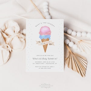 What&#39;s The Scoop Gender Reveal Invite Pink Blue Ice Cream Cone He or She Editable Printable Template Corjl #scoop