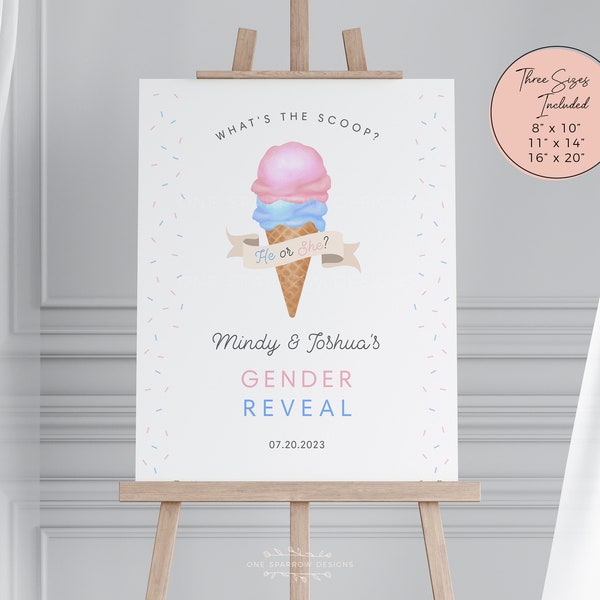 What's the Scoop Gender Reveal Welcome Sign Editable Printable Pink and Blue Scoops Ice cream Corjl Template 8x10, 11x14, 16x20