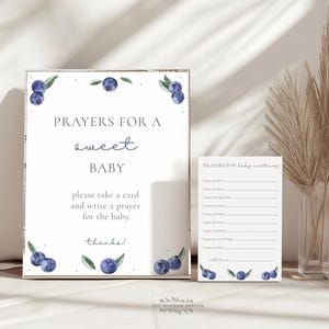May include: A white card with blue watercolor blueberries and green leaves around the edges. The card says "Prayers for a sweet baby" and "Please take a card and write a prayer for the baby. Thanks!"  A smaller white card with blue watercolor blueberries and green leaves around the edges says "Prayers for baby [name]" with lines for writing prayers.