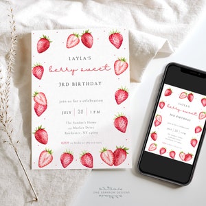 Editable Berry Sweet Birthday Party Invitation Strawberry Printable Red Berries Template Corjl