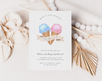 Editable Ice Cream Cone What's the Scoop Gender Reveal Shower Invite Pink Blue Cones He or She Party Corjl Template