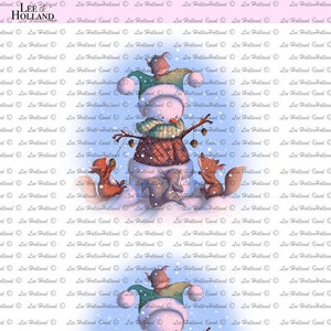 Snowman with squirrels,Art Printable, Card making, Stamp, Digital stamp, printable Art