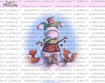 Snowman with squirrels,Art Printable, Card making, Stamp, Digital stamp, printable Art