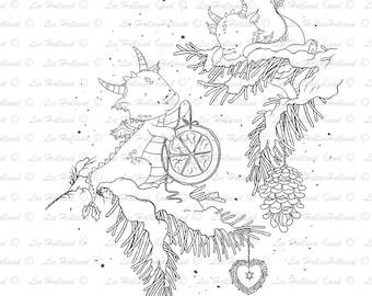 Digital stamp, Dragons Decorating the Christmas Tree, Digi, Card making, Stamp, Cute Digital Stamp