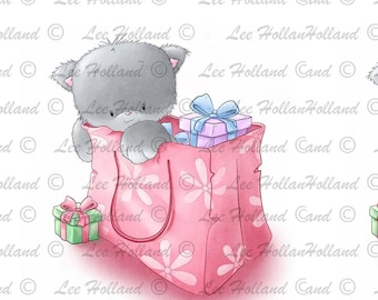 Kitten in shopping bag printable, card making, art printable, cute, printable art, kitten