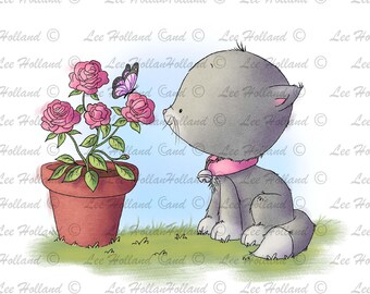 Kitten with Roses Printable, card making, printable art, art printable, kitten