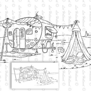 Scène de camping, Fabrication de cartes, livre à colorier, Digi, Timbre numérique, Timbre
