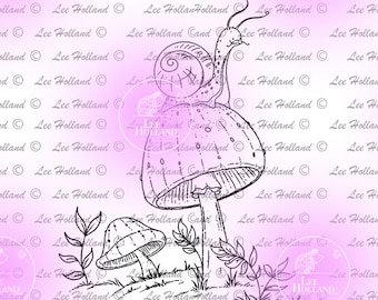 Snail on mushroom, Digital Stamp, Card making, Colouring