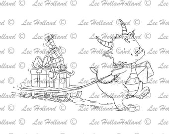 Digital Stamp, Dragon pulling sledge with presents, card making, Digi Stamp, Stamp,