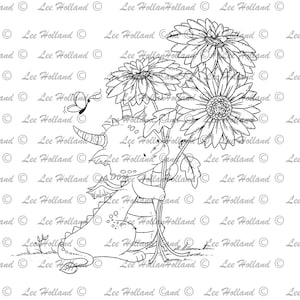 Draak met drie bloemen, Kaart maken, Digi, Art Printable, Printable Art, Digitale stempel, Stempel