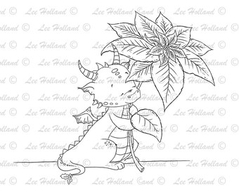 digital Stamp, Dragon with Poinsettia no scarf, card making, Digi Stamp, Stamp,