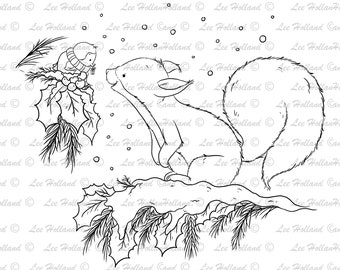 Digital stamps, Squirrel with robin, card making, colouring book