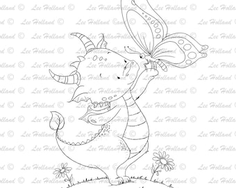 Dragon with butterfly, Card Making, Digital Stamp, Digi, Stamp