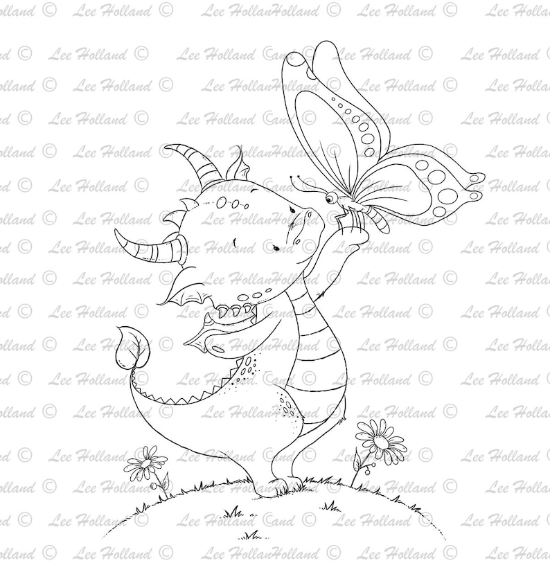 Stamp Card Making Digital Stamp Dragon with butterfly Digi