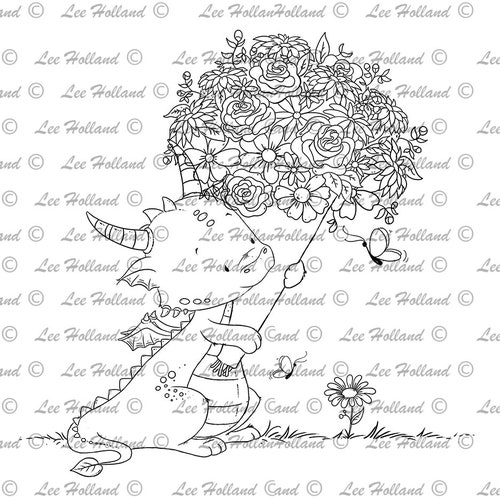 Digital Stamp Dragon With Flower Card Making Art Printable Etsy