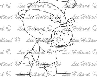 Kitten with Christmas pudding, digital stamp, card making, colouring book