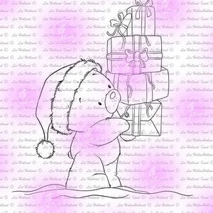 Teddybär mit einem Stapel Weihnachtsgeschenke, digitaler Stempel, Kartenherstellung, Digi