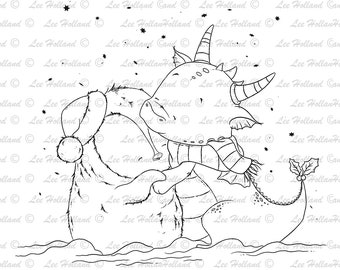 Digital Stamp Dragon hugging a penguin, card Making, Stamp, Digi, Digital stamps