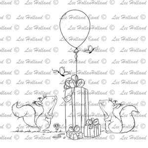 Écureuils avec cadeaux d’anniversaire, fabrication de cartes, digi, coloriage