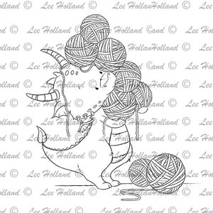 Dragón sosteniendo lana, Fabricación de tarjetas, Digi, Sello digital, Sello. Colorante, Ganchillo