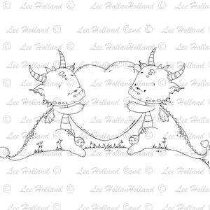 Dragon couple with heart, Card making, Art Printable, Cute, Printable Art Digital Stamp
