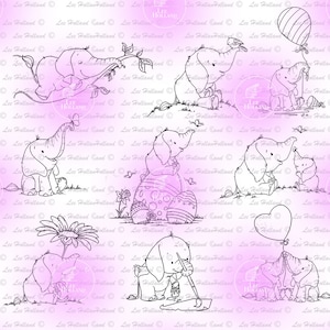 17 Elephant digi Stamp Collection, Digital stamp, Digi