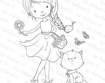 Digital Stamp, Girl with kitten, Digi, Card making