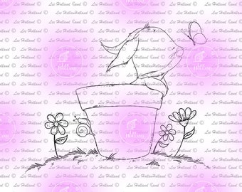 Bunny in a plant pot, digital stamp, card making