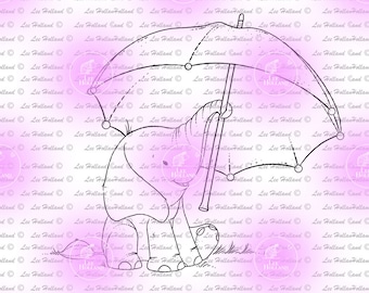 Elephants with Umbrella, Digital Stamp, Digi Stamp